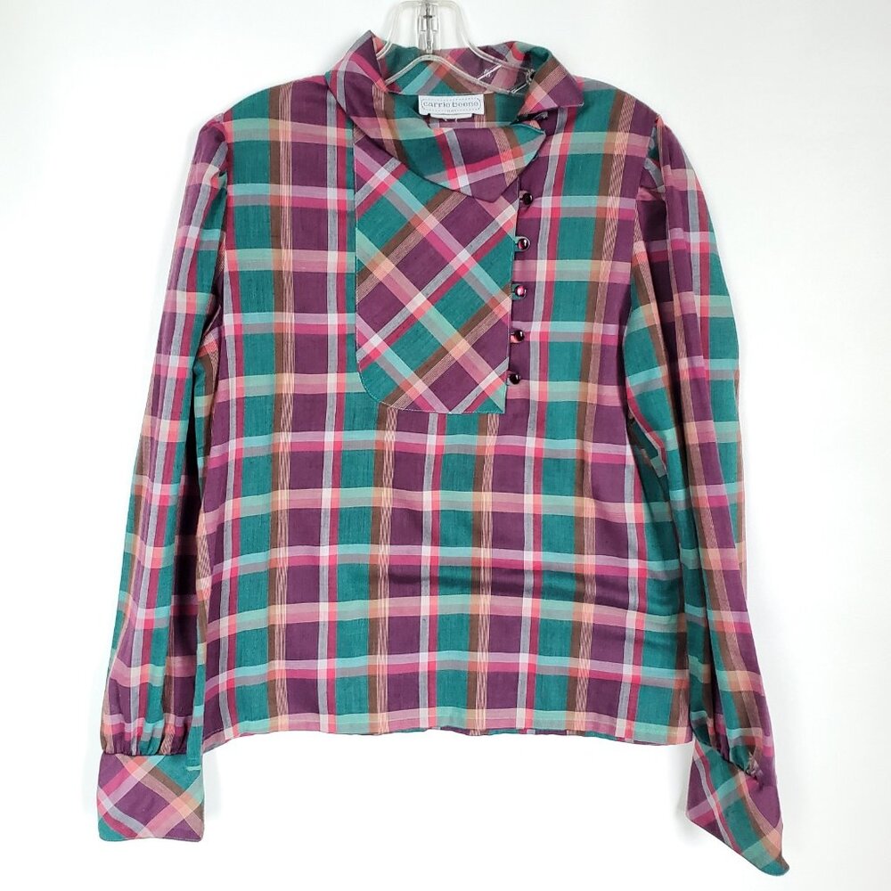 Vintage Carrie Boone Plaid Blouse Mock Neck Asymmetrical Cottagecore Size Large
